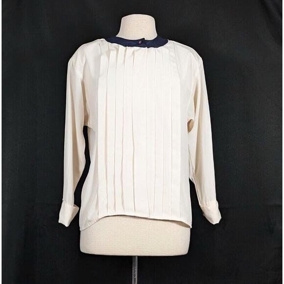 Vintage 90s Blouse Cream Navy Blue Pleated Office Top Misses Size 6 Talbots - Picture 1 of 8
